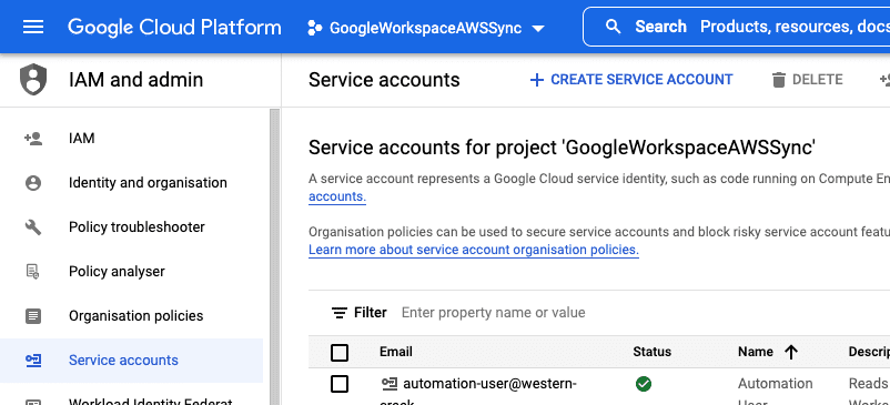 Creating a Service User in GCP console