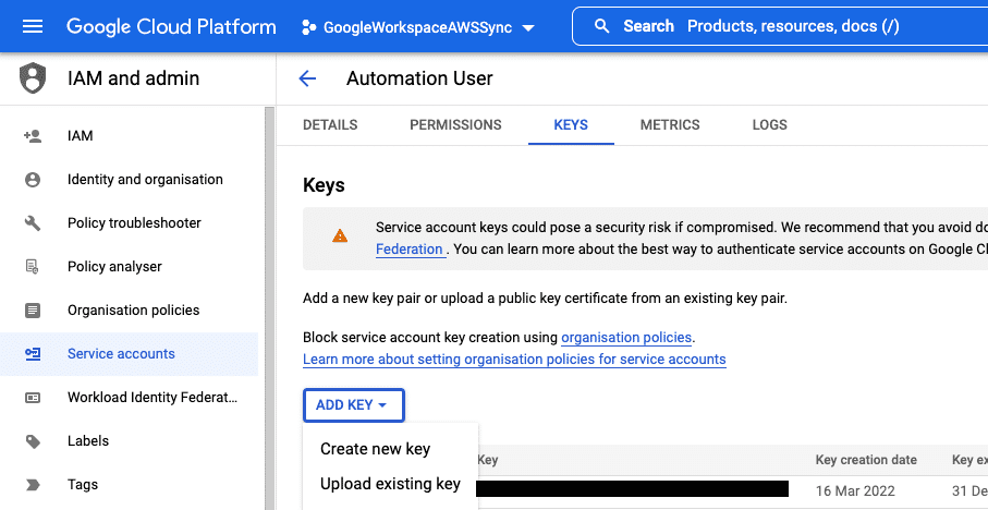 Creating a Service account key