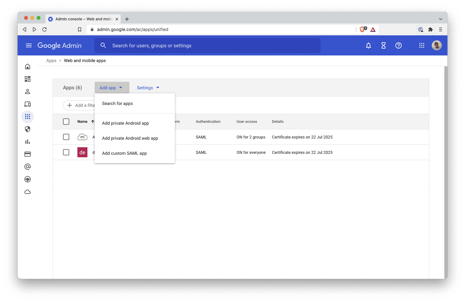 Add custom SAML app
